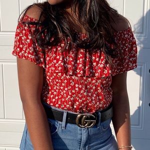 red off the shoulder floral top